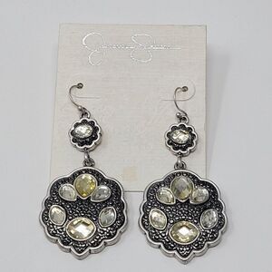 Jessica Simpson Silver Tone Rhinestone Medallion Dangle Earrings Pierced Hook